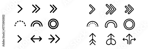 Collection of simple black arrow and shape designs in various directions and styles for graphic usage