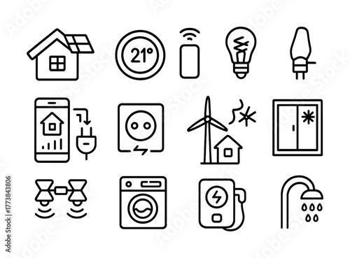 Vector Smart home icon set featuring renewable energy, automation, and efficient appliances