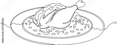 Angolan Moamba chicken continuous line drawing on plate deliciou