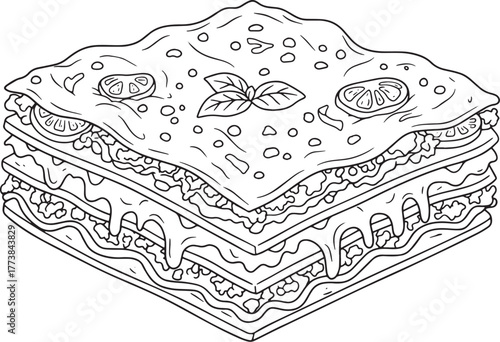 Detailed black and white illustration of a classic lasagna dish,