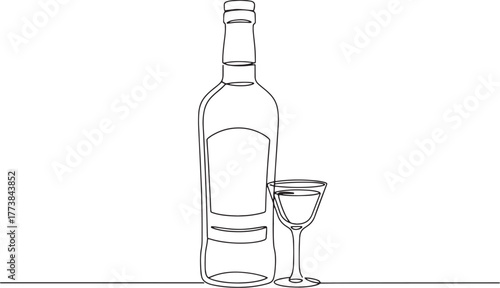 Continuous line drawing of vodka bottle and glass, minimalist al