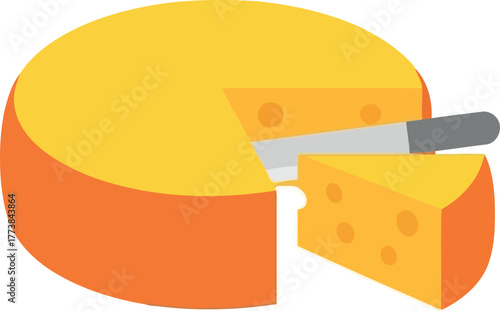 Fresh cheese wheel with slice cut and knife delicious dairy food vector