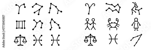 Various simple black symbols representing constellations, zodiac signs, and other abstract forms on a white background