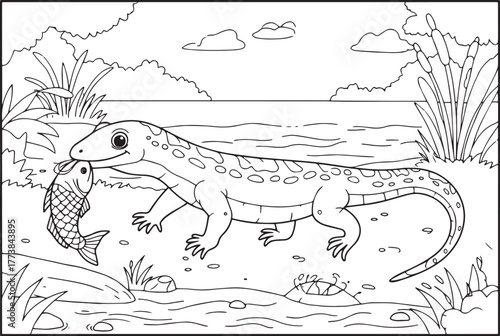 Black and white illustration of a lizard eating a fish in a natu