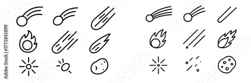 Various illustrations of celestial bodies including comets, meteors, stars, and asteroids drawn in simple line art style