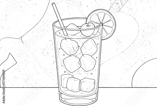 Illustrative Vodka Collins Cocktail against a Botanical Patterne