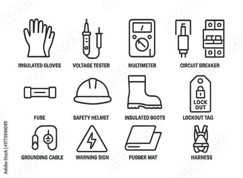 Vector Electrical safety tools and equipment icons including gloves, tester, multimeter, safety gear, and warning signs