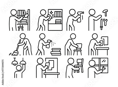 Stick figure icons: cleaning, repair, and maintenance tasks illustrated