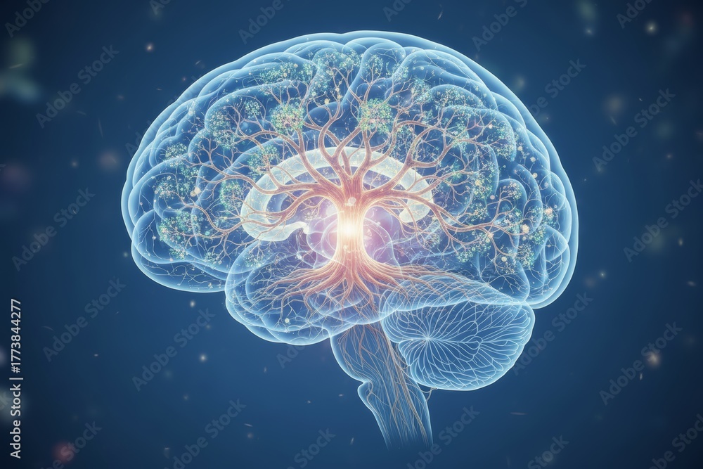 Fototapeta premium Glowing neural tree within a human brain representing neural connections and mental processes.