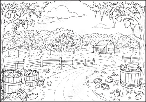 Charming pecan plantation landscape illustration with rustic far