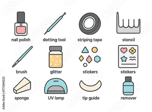 Nail art tools set: polish, dotting tool, tape, stencil, brush, glitter, stickers, sponge, uv lamp, tip guide, remover