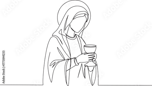 Elegant line art depicting virgin mary with chalice symbolizing