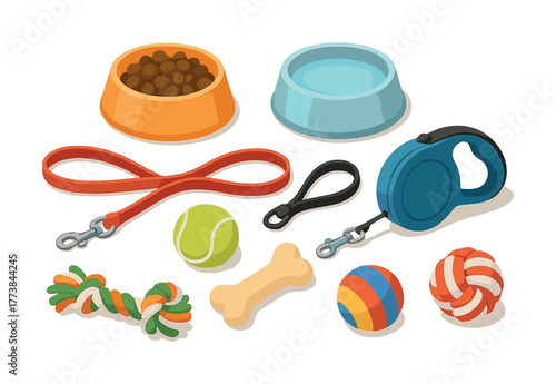 Assorted dog accessories with leash, bowls, and toys on white background