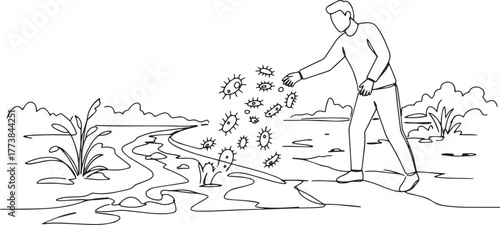 Conceptual illustration of bioremediation, man releases microbes