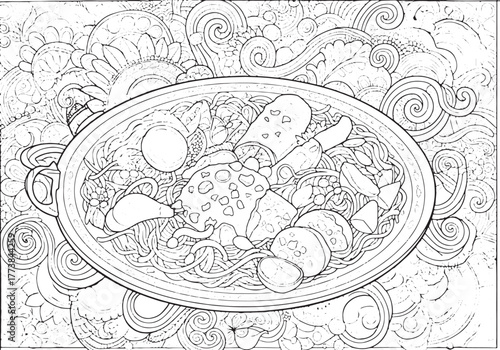 Exquisite coloring page featuring intricate pattern with dish an