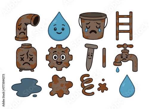 Rusty object characters: sad pipe, happy water drop, crying bucket, worn ladder