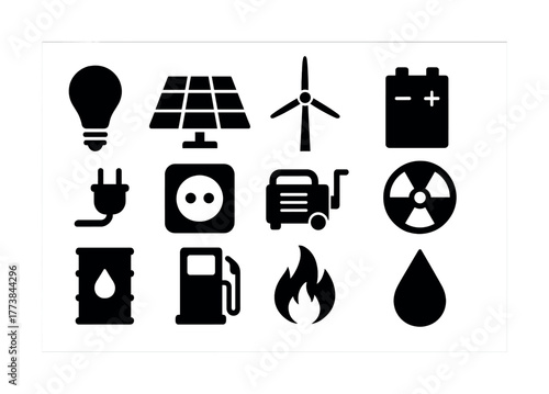 Energy icons: solar panel, wind turbine, battery, light bulb, plug, generator, nuclear, oil, fuel, fire, water