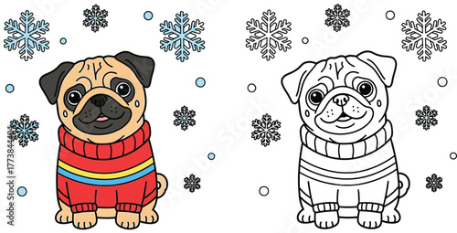 Adorable Cartoon Pug Puppy Wearing a Winter Sweater. Cute dog character illustration with snowflakes, including a colored version and black and white outline for coloring activity.