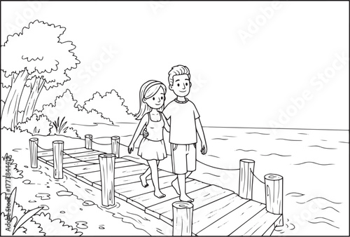 Romantic stroll on a wooden pier: Couple enjoying a tranquil mom
