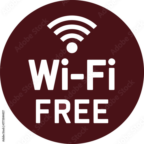 Free Wi-Fi vector icon with maroon circular badge, white text, and signal symbol—ideal for public internet access signage.