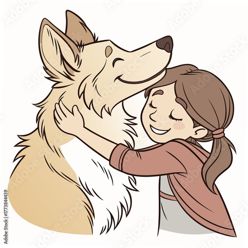 Joyful young girl with brown hair affectionately hugging her fluffy golden dog with closed eyes