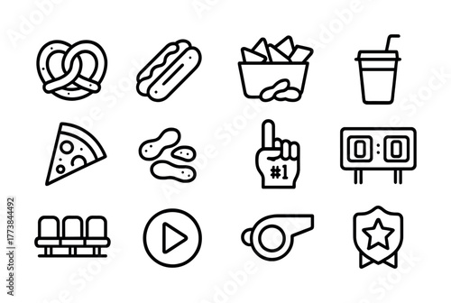 Icon set: snacks and sports symbols including pretzel, hotdog, and pizza