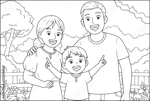 Happy family enjoying outdoors illustration suitable for colorin