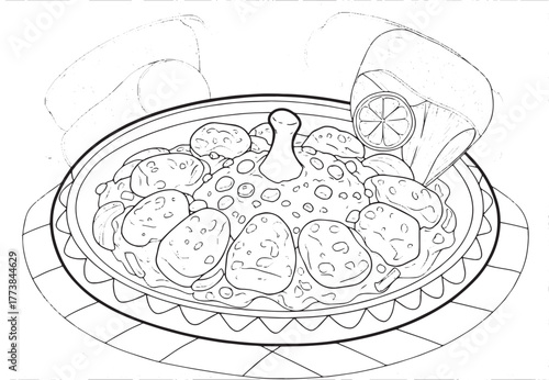 Exquisite Monochrome Illustration of Traditional Tagine Dish wit