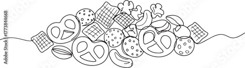 Minimalist snack mix line art illustration featuring pretzels, c
