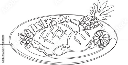Elegant single line drawing of huli huli chicken plate with garn