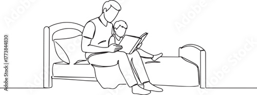 Father and child reading a book in bed continuous line drawing i