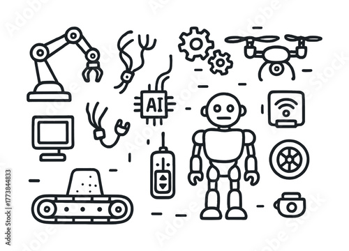 Ai robotics icons: robot, drone, ai chip, mechanical arm, gears, controller, camera, computer, antennas