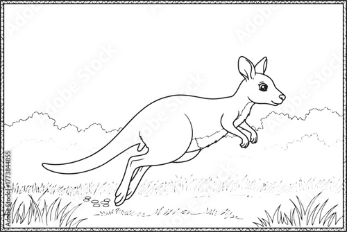 Outlined kangaroo mid-leap across grassy plain coloring page ill