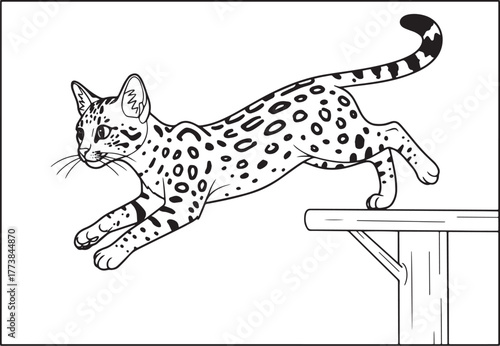 An illustrative depiction of a spotted cat leaping gracefully ov