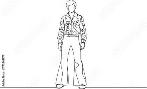 Single line drawing of a man dressed in 1970s fashion with flare