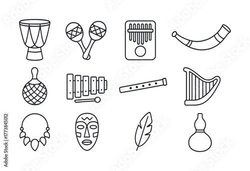 Vector Outline illustrations of traditional musical instruments and cultural artifacts