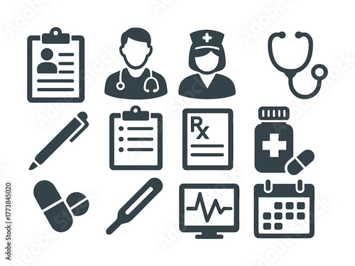 Medical icons set: doctor, nurse, stethoscope, prescription, capsules, thermometer, monitor