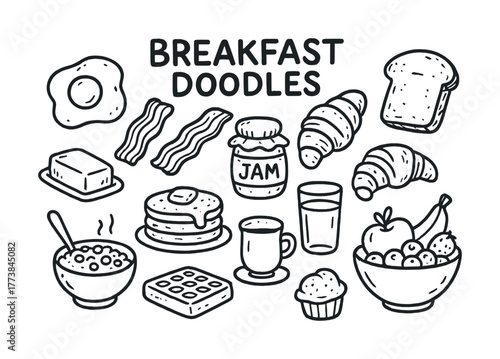Hand-drawn breakfast doodles: eggs, bacon, pancakes, croissants, and more breakfast items