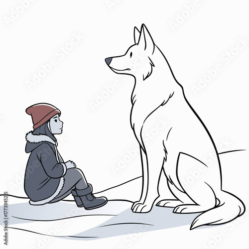 A young child wearing a warm hat and coat sits in the snow looking up at a large white wolf
