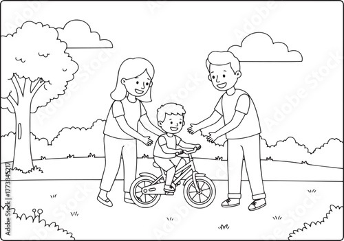A heartwarming illustration of parents teaching their child to r