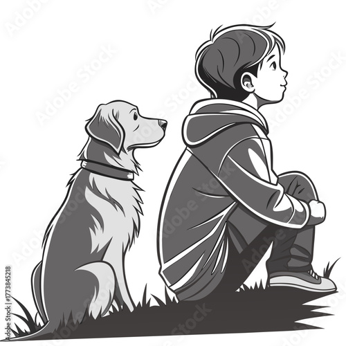 A young boy and his loyal dog sitting together on grass looking into the distance
