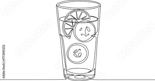 One-line art of a glass of refreshing drink with cucumber and li