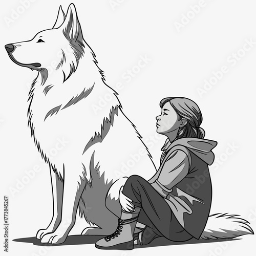 Young girl and her loyal giant white wolf companion sitting together on the ground looking up