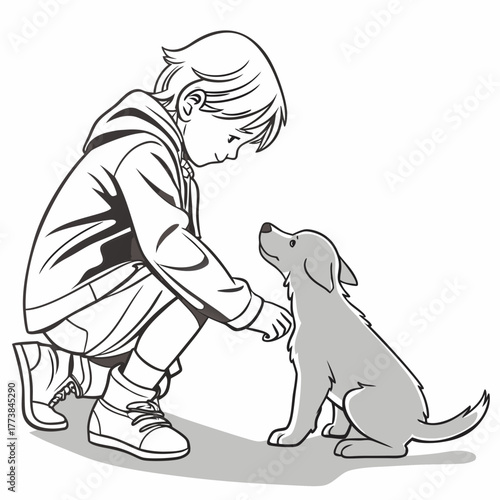 Young boy in hoodie and shorts crouching down to pet a friendly gray puppy dog sitting attentively