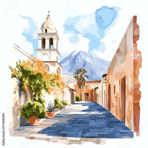 Santa Catalina Monastery. Santa Catalina Monastery hand drawn watercolor illustration