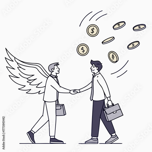 Angel investor with wings shaking hands with businessman as coins fall from sky symbolizing investment and success