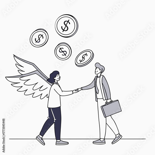 Angel investor shaking hands with businessman as coins rain down symbolizing successful funding and financial opportunity