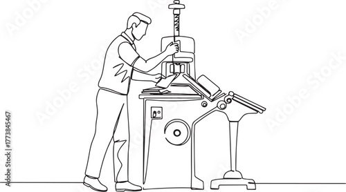Continuous line drawing of a man operating a printing press mach