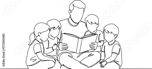 Illustrative single line drawing of a father reading to attentiv