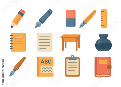 Colorful stationery icons collection including pens eraser notebook ruler and ink bottle